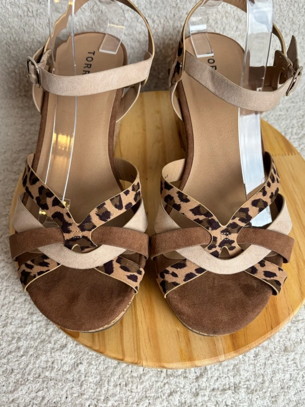 Torrid Sandals Womens 11W Leopard Mixed Media Cork Wedge Buckle Strappy